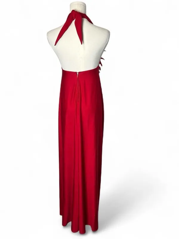 70s Vintage Sak’s Fifth Avenue Young Dimensions Red Feather Halter Maxi Dress - Image 2