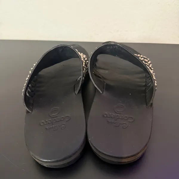 Colleen Cordero Silver Studded Slide Sandals Womens 9 Black Leather Slip On Flat - Image 4