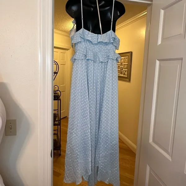 CHELSEA 28 Light Blue Ruffle Neck Spaghetti Strap MIDI Dress size Medium EUC - Image 6