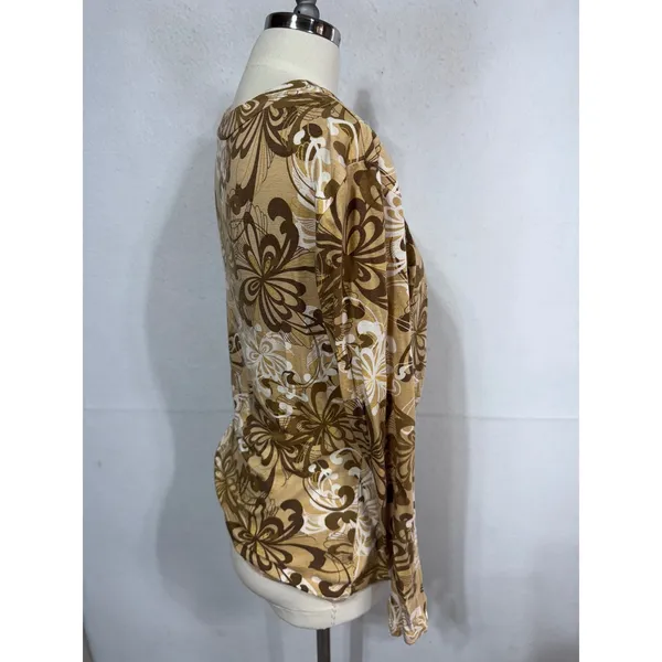 New York & Company Large Brown Floral Top Women's Long Sleeve Ruched‎ V-Neck - Image 2