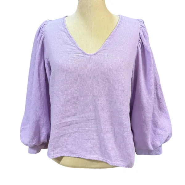 A New Day S V-Neck Puff Sleeve Gauze Blouse Lavender Pastel Boho Spring Feminine - Image 2