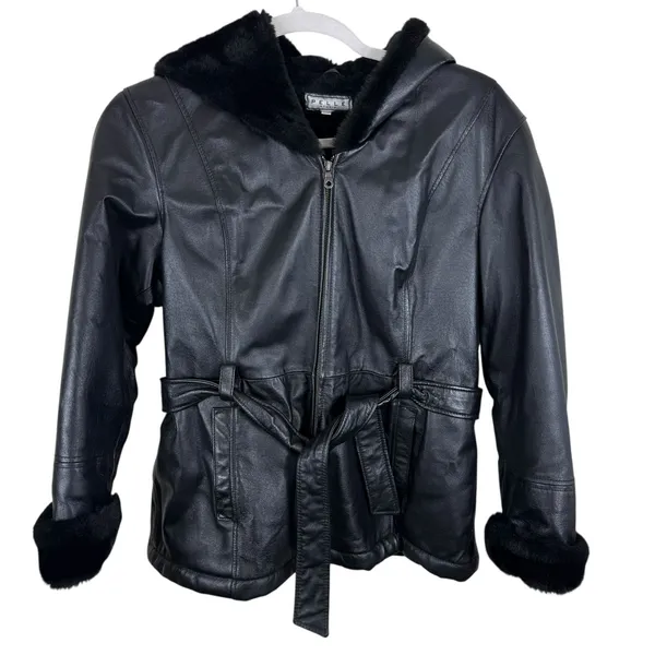 PELLE Black Genuine Leather Hooded Belted Faux Fur Lined Full Zip Jacket‎ Size L - Image 2