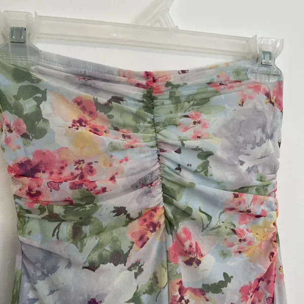 HAUTE MONDE Light Blue Pink Floral Semi Sheer Mesh Strapless Midi Dress ? w Slit - Image 7