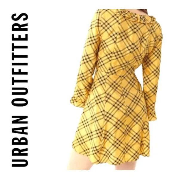 Womens Urban Outfitters Womens Yellow Plaid Dark Academia Ruffle Neck Dress Sz M - Image 3