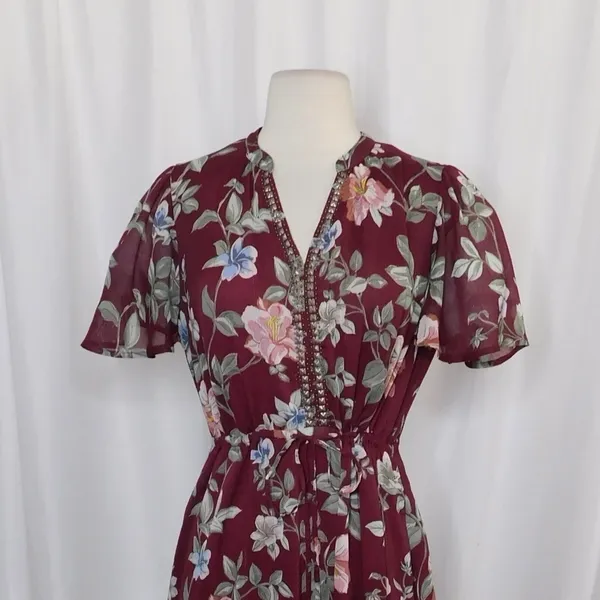 TOMMY BAHAMA Painted Petal Midi Floral Dress Metallic Embellished Beads X-Small - Image 3