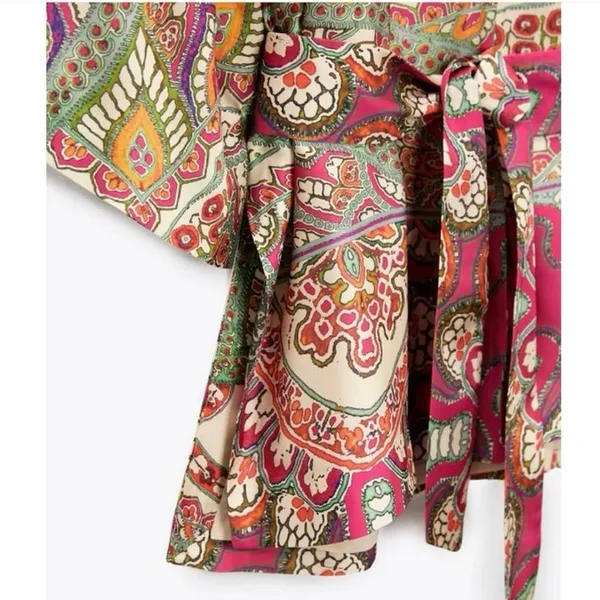Zara Multicolor Satin Silk Paisley Print Duster Wrap Kimono Caftan Top Jacket - Image 11