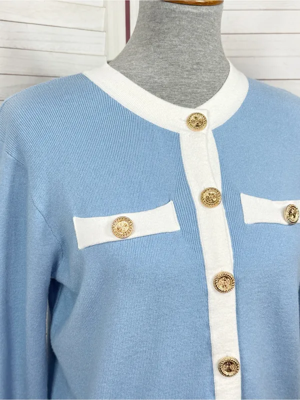Emerson Lang Cardigan Sweater Button Front Contrast Trim Blue White Medium - Image 5