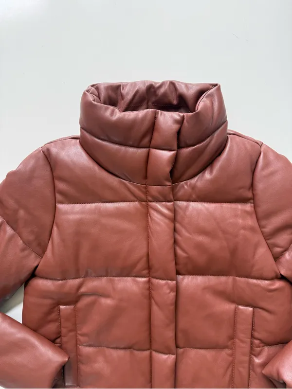 Abercrombie & Fitch Vegan Leather Mini Puffer Coat - Size Large - Cognac - Image 3