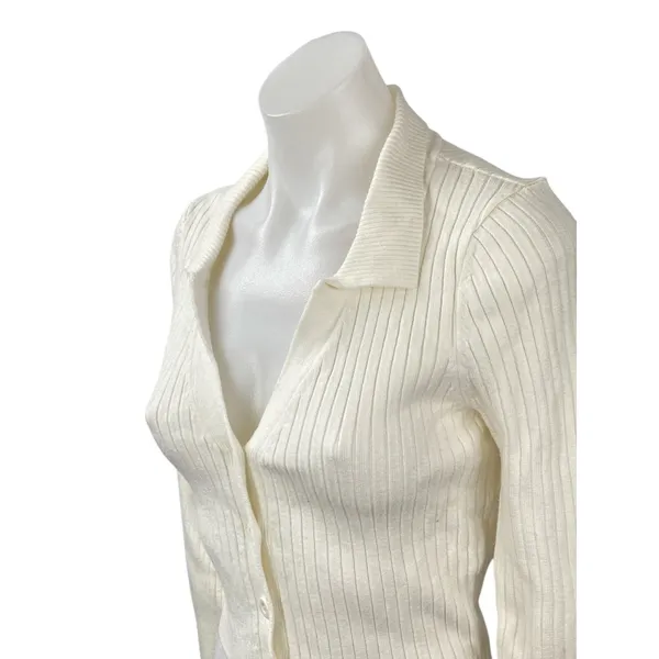 Emory Park Women's Cream Ivory Ribbed Knit Cropped Button Up Cardigan Top Size M - Image 2