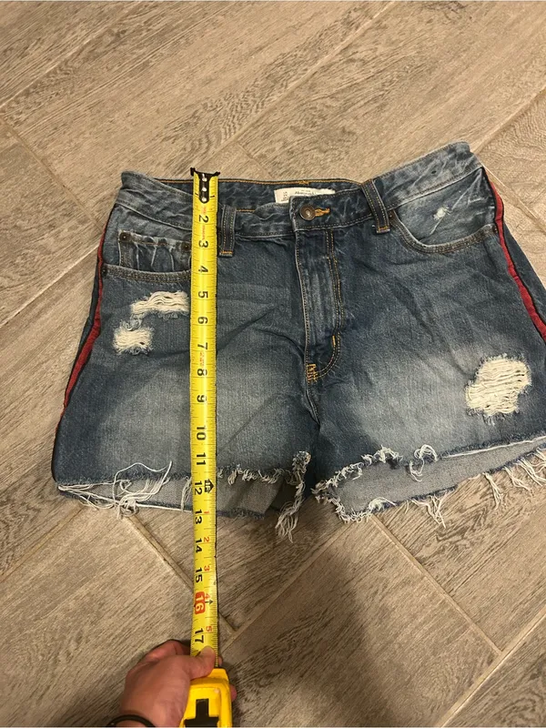 Abercrombie & Fitch Blue Distressed Denim Shorts w/ Red Side Stripe -size 10 W30 - Image 2