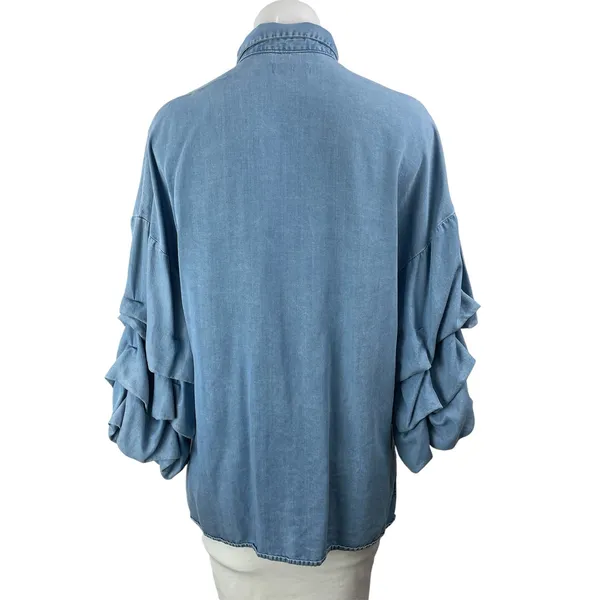Zara Women's Blue Long Sleeve Ruched Denim Jean Button Down Shirt Top Size M - Image 3
