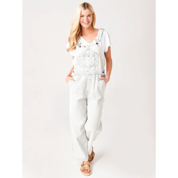 Faherty Overalls Topsail Railroad Stripe Faded Light‎ Wash Blue White Women XS - Image 3