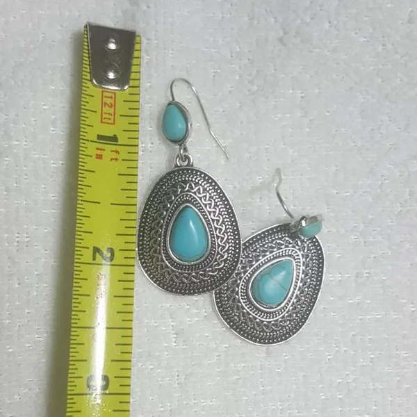 Vintage Boho Silver Turquoise Gemstone Drop Dangle Hooks Earrings Blue - Image 3