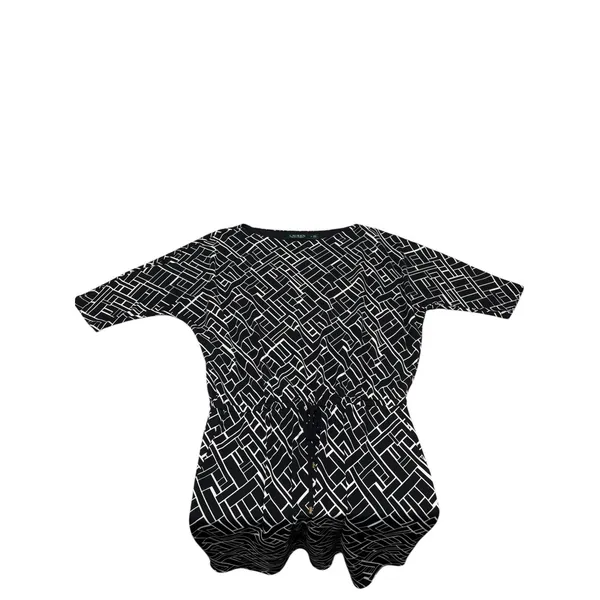 LAUREN‎ Ralph Lauren Dolman Sleeve Drawstring Waist Dress Medium Black Print - Image 4