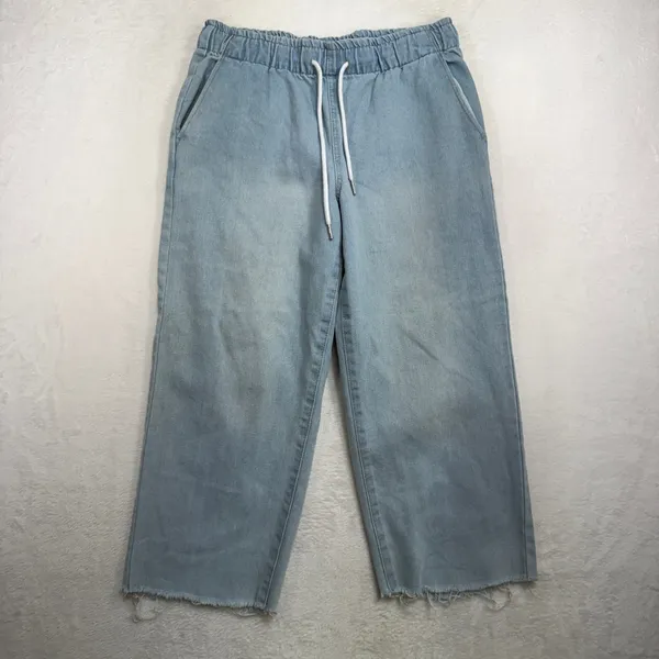 Forever 21 Large Denim Wide Leg Cropped Pants Light Wash Raw Hem Casual Boho - Image 2
