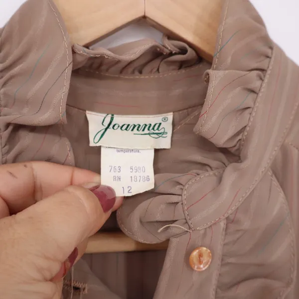 Joanna Blouse Womens 12 Vintage Ruffle Front Pinstripe Tan Button-Down Excellent - Image 2