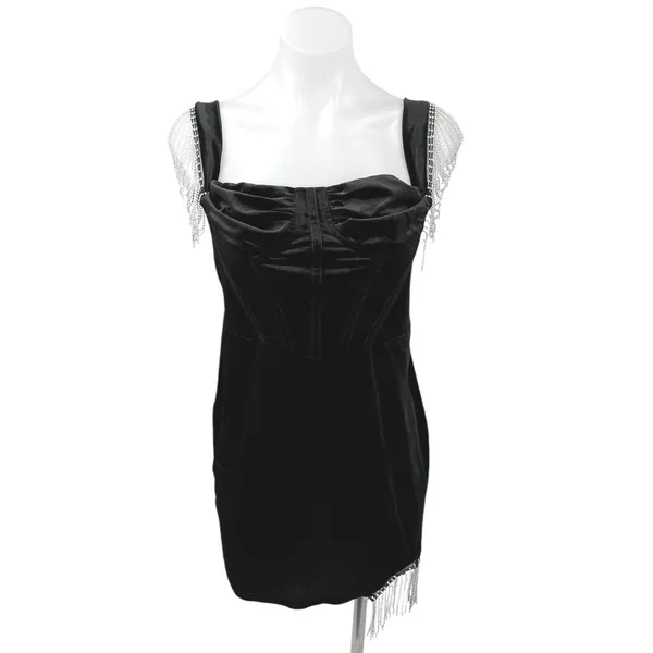 NEW JJ's House Black Velour Velvet Jeweled Fringe Holiday Mini Bodycon Dress L - Image 5