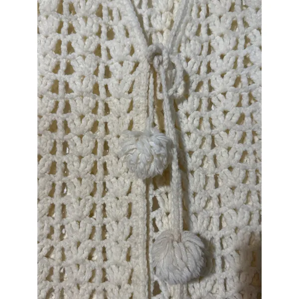 Crochet Sweater Vest Women's Large Ivory Open Knit Pom Pom Tie Sleeveless - Image 4