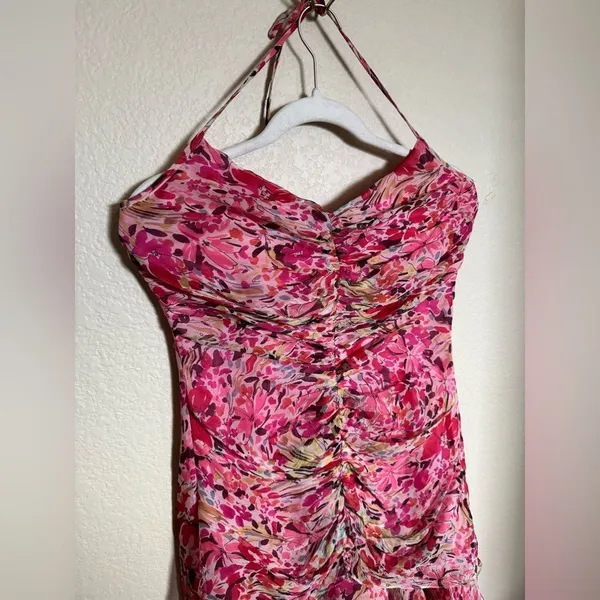 American Vintage Vintage Y2K‎ Muse Asymmetrical Draped Floral Silk Halter Midi Dress Sz 6 Pink - Image 2