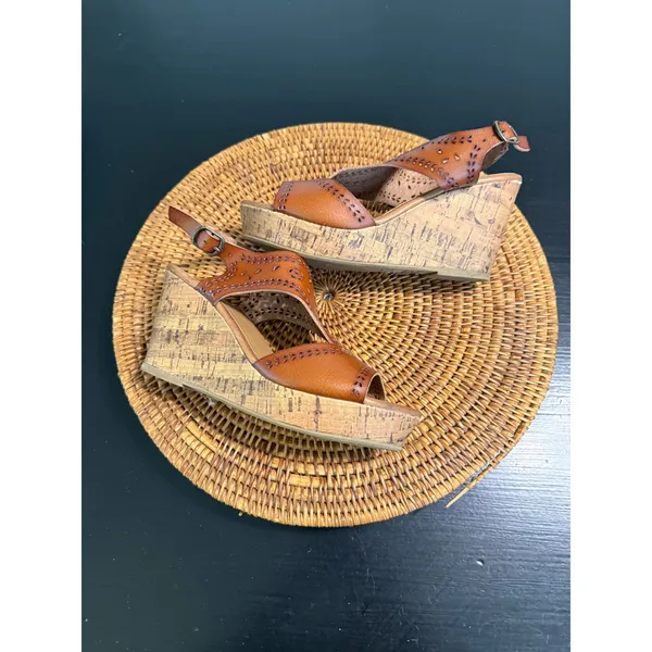 Maurices Womens Cognac Brown Perforated Cork Wedge Sandals Size 8.5 Boho Strappy - Image 8