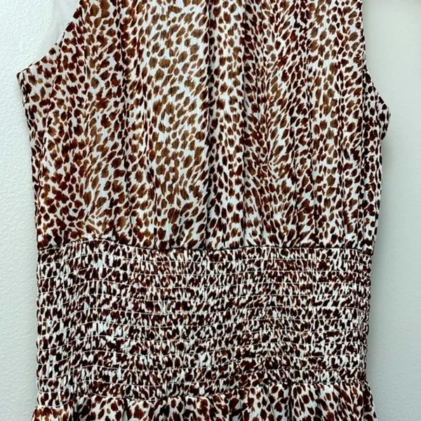 1.State‎ Animal Print Chiffon Smocked Mock Neck Dress in Brown Taupe - Image 5
