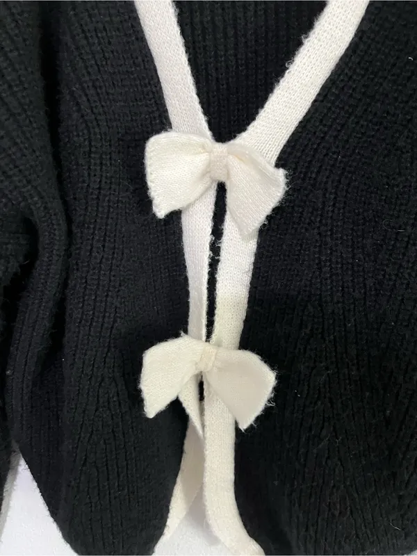 SHEIN Black & Cream Bow-Trim Cardigan Sweater - Women's size M - Image 5