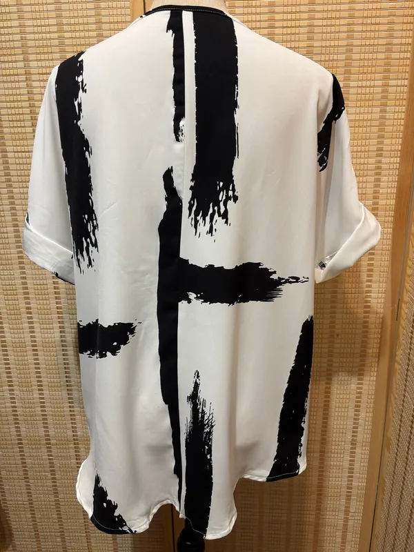 SheIn Abstract Brushstroke White & Black V-Neck Blouse - Image 6