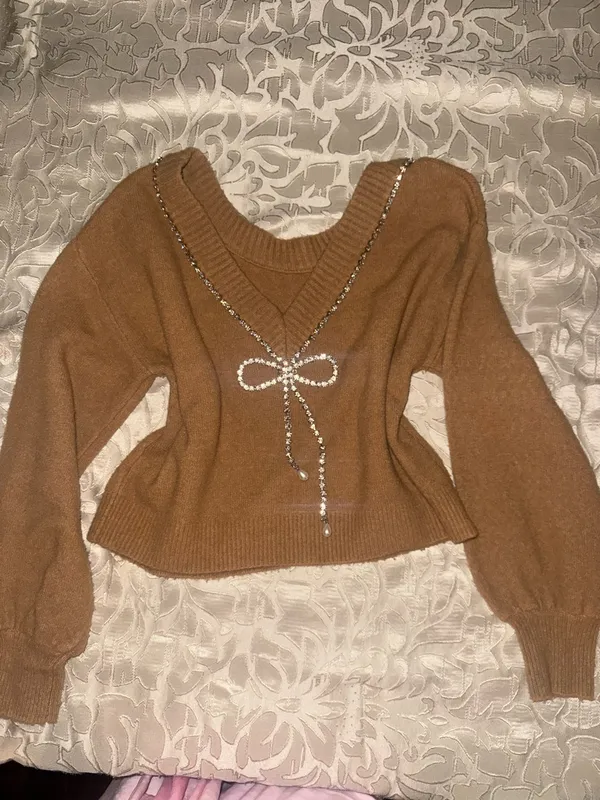Beautiful soft Express rhinestone light sweater color tan  - Image 2