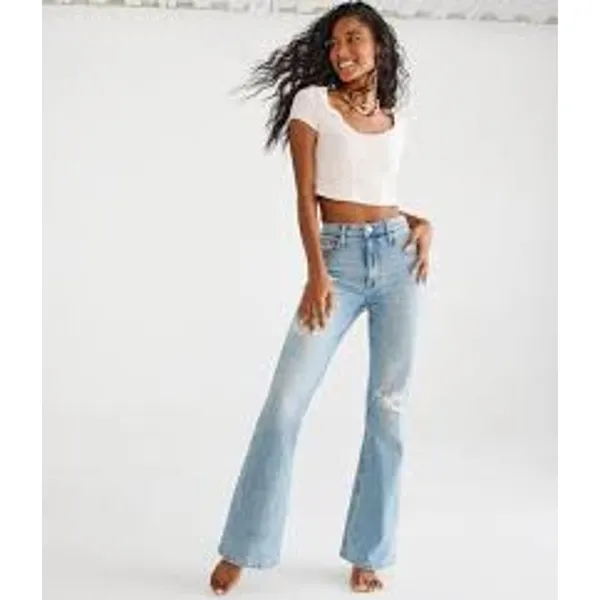 AEROPOSTALE High Rise Flare Jeans Ripped Denim Size 2 S Short - Image 3