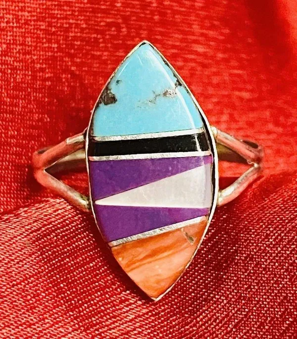 Southwest Sterling Silver Multi Stone Inlay Ring Sz 6-6.5 Signed P - Image 5