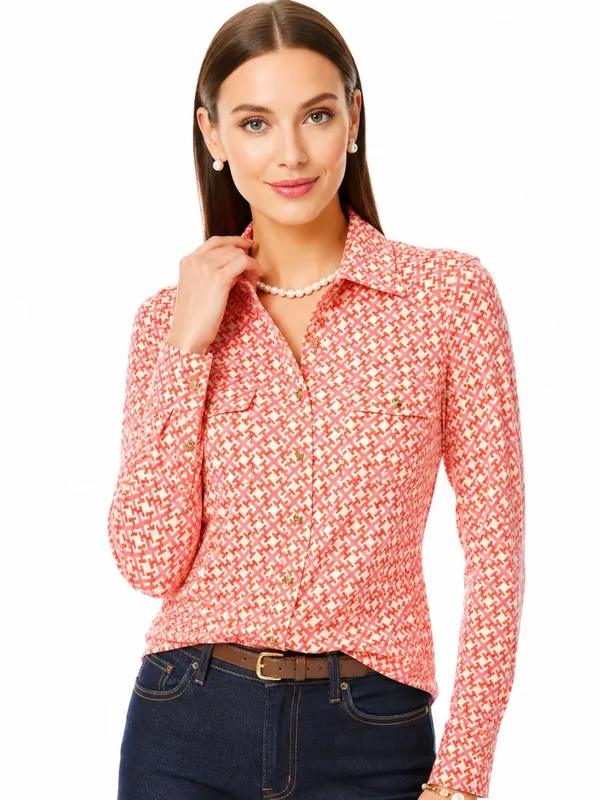 Tory Burch Silk Chain Link Geometric Button Down Blouse Coral Small Pink Career - Image 3
