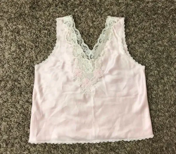 Vintage light pink sleep top with adorable dainty lace, bead, and flower details - Image 2