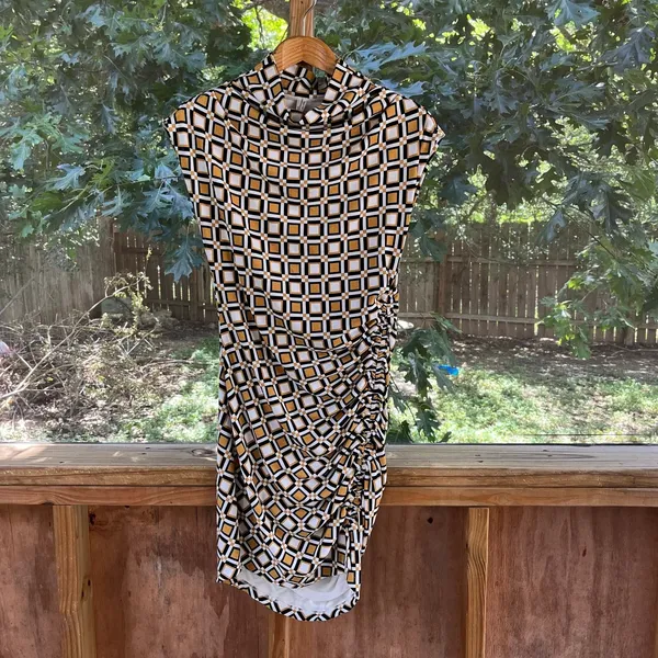 Anthropologie Maya Ruched Cowl Neck Dress Yellow Geometric Print Size MP. NEW! - Image 3