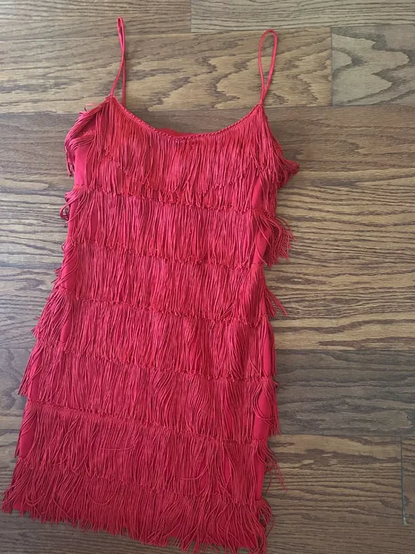 Vintage 90s Rare Roberta Red Fringe Flapper Mini Dress Size Small Cocktail - Image 4
