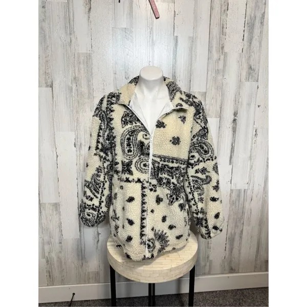 Supeon Sherpa Fleece Jacket Paisley Print Cream Black Zip Up Cozy Size M - Image 2