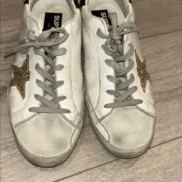 Golden Goose White Sneakers with Gold Star and Black Glitter Heel Tab Size 39 - Image 13