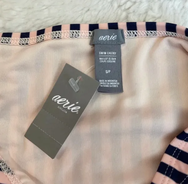 aerie Cheeky Swim Bottoms Light Pink Navy Blue Striped Low Rise NWT - Image 7