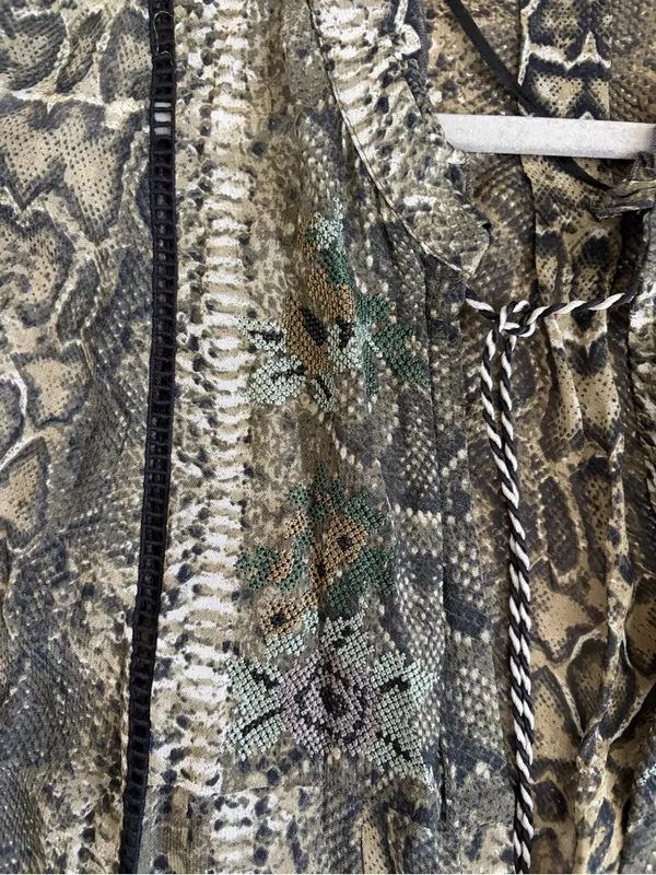 Zara Green Tan Python Snake Print Open Front Tassel Embroidered Blouse Large - Image 6