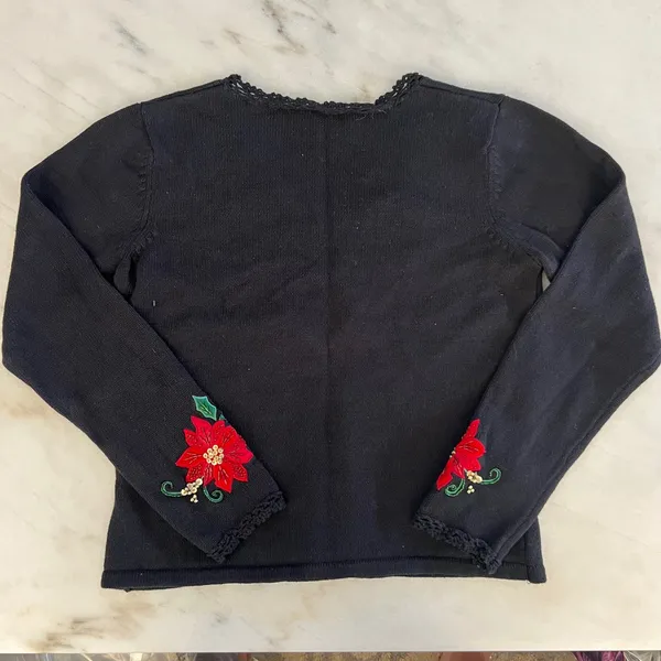 Black Poinsettia Embroidered‎ Long Sleeve V Neck Ugly Christmas Sweater Women - Image 6