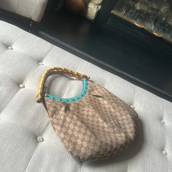 Gucci Bamboo Top Handle Handbag Canvas/ Teal Leather - Image 2
