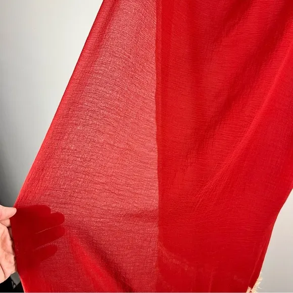 Red Sheer Sarong | Beach‎ Cover-Up | Boho Fringe & Shell Detail Summer Pool Fun - Image 3