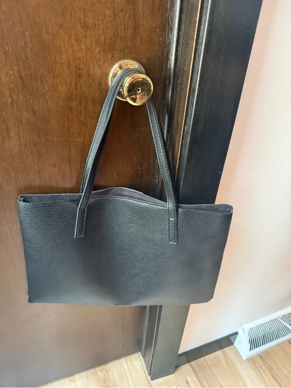 Vince Camuto Pebbled Vegan Leather Luck Tote in black with gray stripe - Image 2