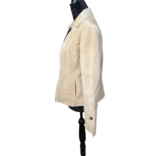 AMI Womens Genuine Suede Leather Jacket Large Tan Full Zip Pockets Lined Neutral - Image 4