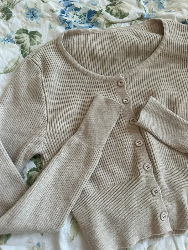 Beige Button Up Sweater Tan - Image 2
