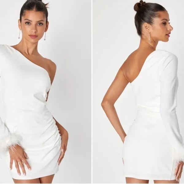 LULU's Bachelorette Engagement Bridal Sexy One Shoulder Long Sleeve Mini Dress - Image 5
