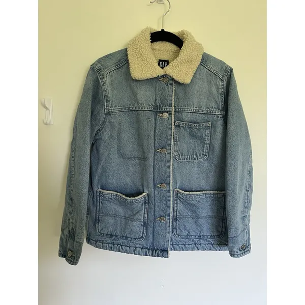 GAP Patch Pocket Sherpa Denim Jacket Chore Coat Barn Style Xs Petite Oversized - Image 8
