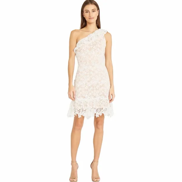 Donna Morgan White Floral Crochet Tan Lined One Shoulder Ruffle Mini Dress Sz 8 - Image 11