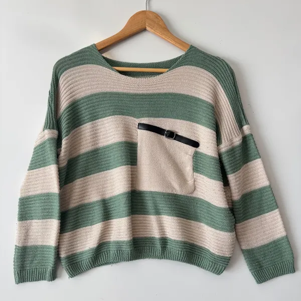 Striped Knit Sweater Women's Green Beige‎ Pocket Detail Pullover Casual - Image 4