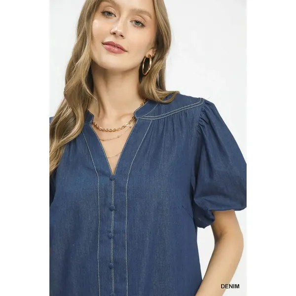 Umgee‎ Denim Button Front Puff Sleeve Boho Blouse - Large - Image 4