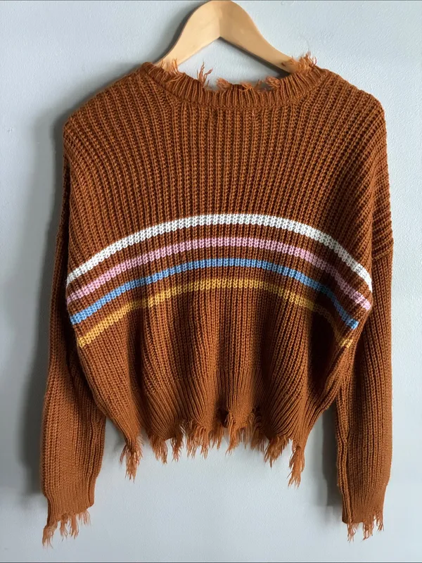 No Comment Distressed Oversized Sweater Brown Stripe Chunky Knit Size S - Image 5